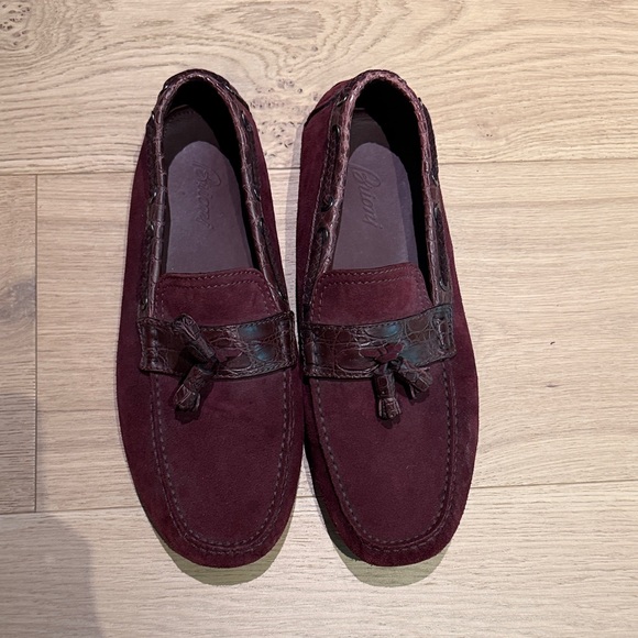 Brioni burgundy Suede Loafers with crocodile leather accent and tassel